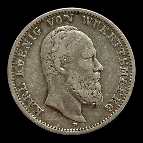 2 Mark 1876 Württemberg Kingdom of Prussia (German states) Karl 1. (1864-1891) Sølv (.900) Vægt 11.11 gram Diameter 28 mm