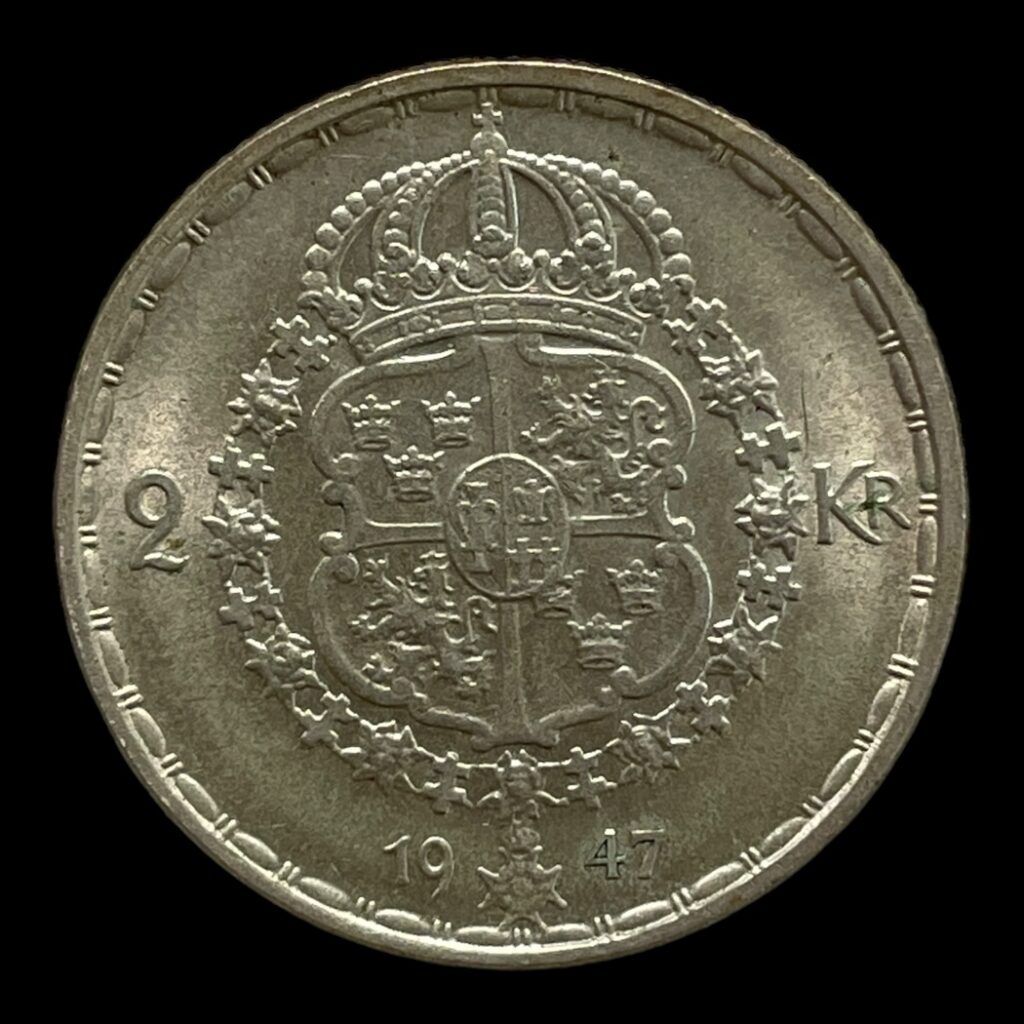 2 kr 1947 Sverige Gustaf V (1907-1950) Standard cirkulations mønt udgivet i perioden 1910-1940 Sølv (.400) Vægt 14 gram