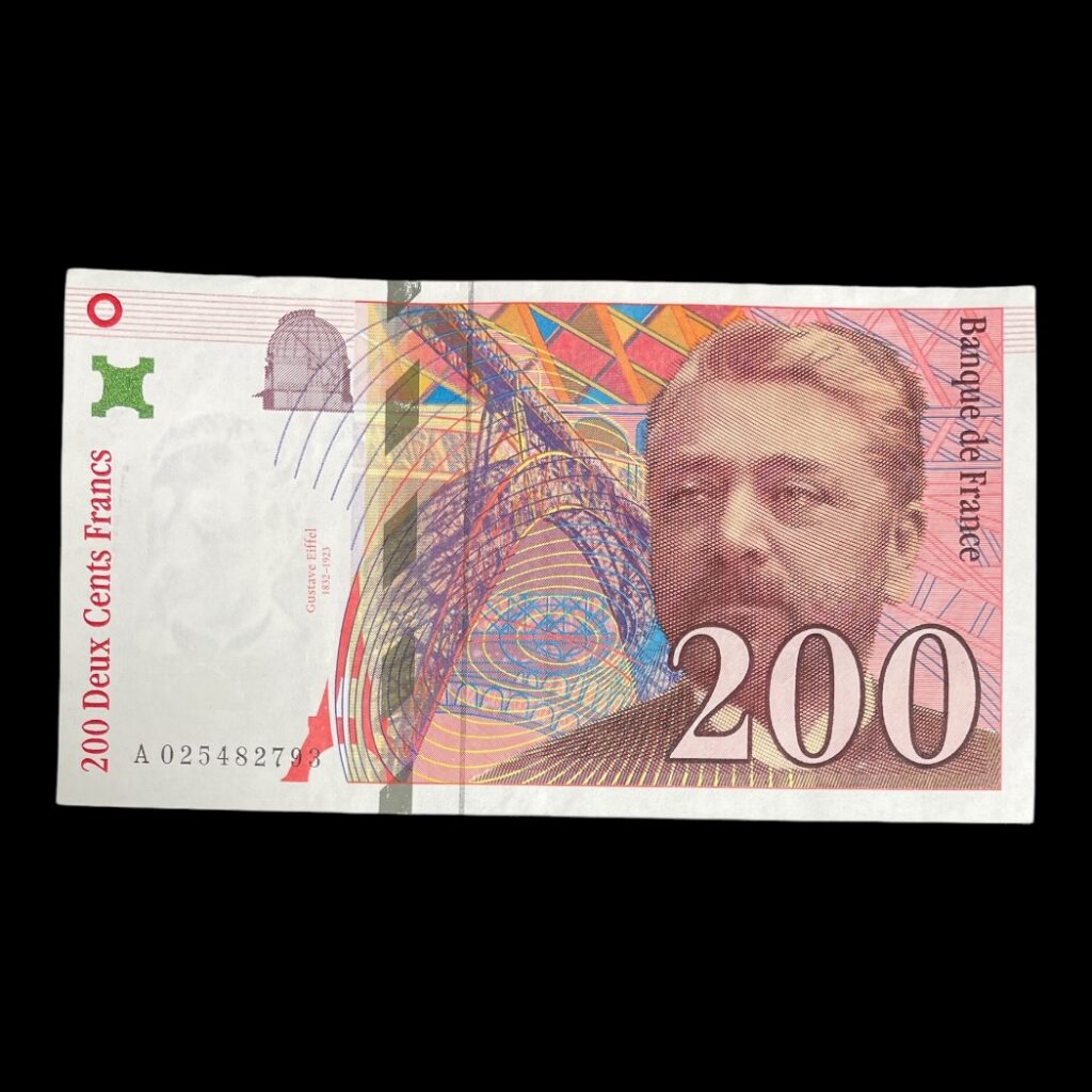 Frankrig 200 Francs 1997 "Gustave Eiffel" Bank of France Periode Femte Republik (1958-dato) År 1995-1999 Værdi 200 franc (200 FRF) Størrelse 143 × 80 mm Referencer P.159