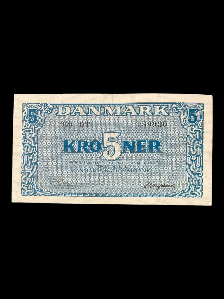 Danmark 5 Kroner 1950DT (Ombytningsudgaven) Frederik IX (Frederik IX) (1947-1972) Type Standard seddel År 1944-1950 Valuta Krone (1873-dato) Størrelse 129 × 72 mm Sieg: 119