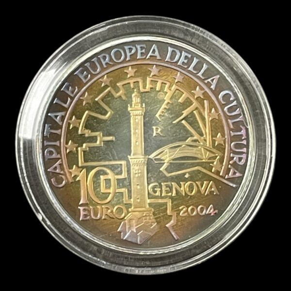 Italien 10 Euro Proof 2004 "Genoa European Cultural Capital" Type Ikke-cirkulerende mønter År 2004 Værdi 10 euro Valuta Euro (2002-dato) Sammensætning sølv (.925) Vægt 22 g
