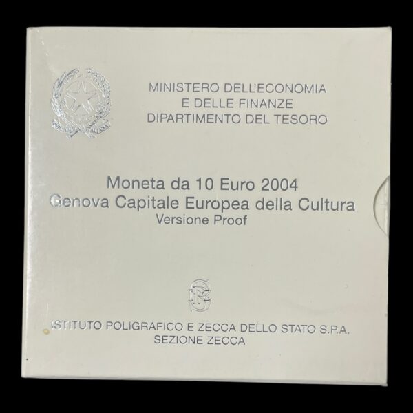 Italien 10 Euro Proof 2004 "Genoa European Cultural Capital" Type Ikke-cirkulerende mønter År 2004 Værdi 10 euro Valuta Euro (2002-dato) Sammensætning sølv (.925) Vægt 22 g