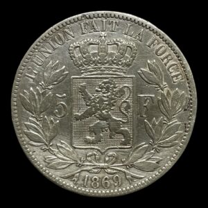 Belgien 5 Francs 1869 Sølv (.900) Vægt 25 gram