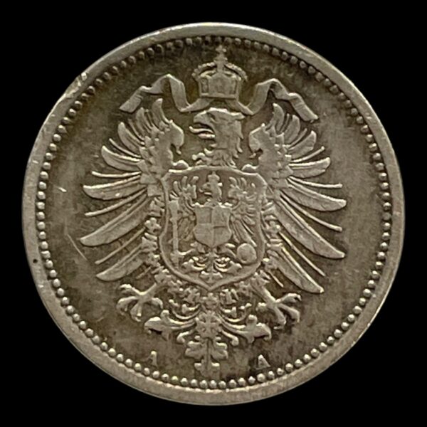 Tyske Rige 20 Pf. 1874 A Kejser Wilhelm I (1871-1888) Type Standard cirkulationsmønter År 1873-1877 Sammensætning sølv (.900) (Ag 900, Cu 100) Vægt 1.111 g Diameter 16 mm