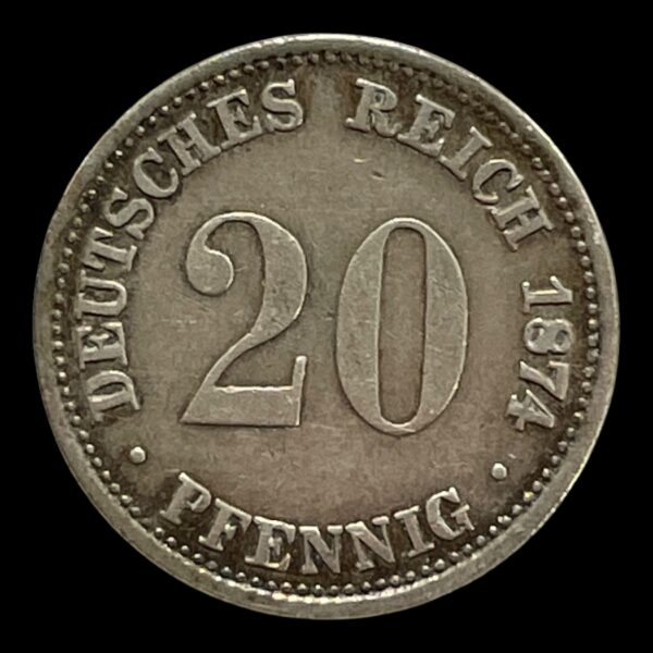 Tyske Rige 20 Pf. 1874 A Kejser Wilhelm I (1871-1888) Type Standard cirkulationsmønter År 1873-1877 Sammensætning sølv (.900) (Ag 900, Cu 100) Vægt 1.111 g Diameter 16 mm