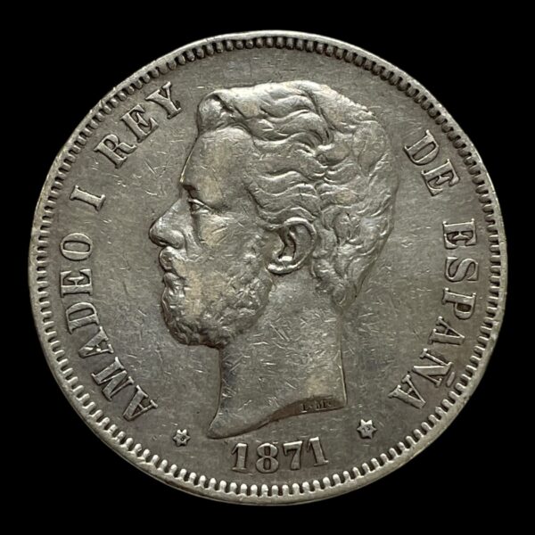 5 Pesetas 1871 Spanien Standard cirkulationsmønter Sammensætning sølv (.900) Vægt 25 g