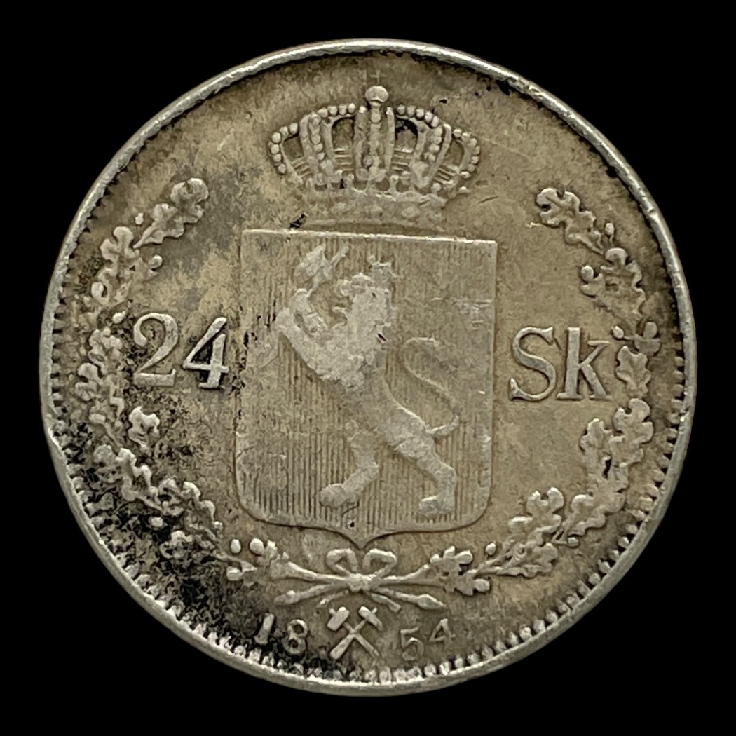 24 Skilling 1854 Norge Standard cirkulationsmønter Sammensætning sølv (.875) Vægt 5,78 Gram