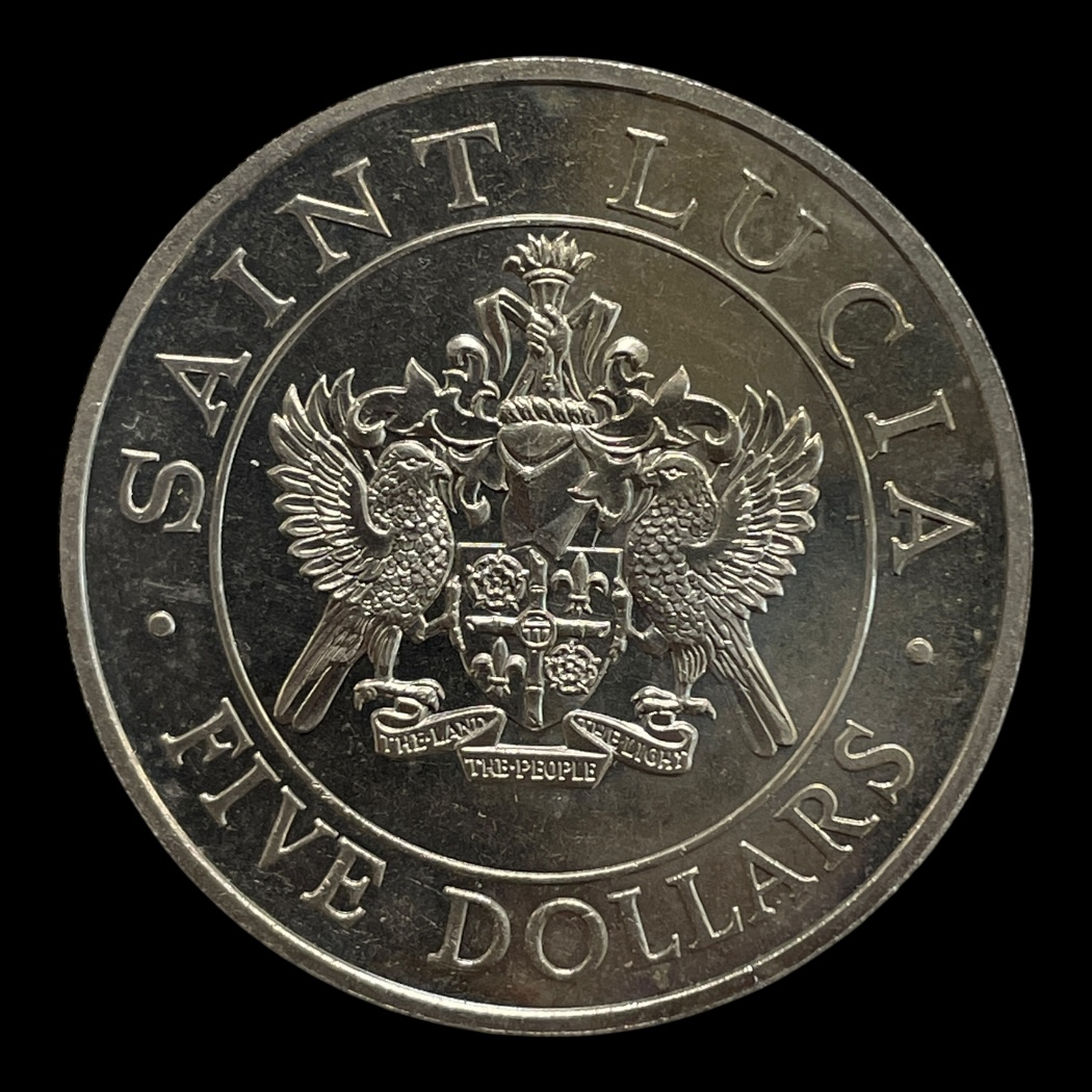 5 Dollars 1986 St. Lucia "Pave besøg" Ikke-cirkulerende mønter Sammensætning Kobber-nikkel Vægt 28,28 Gram