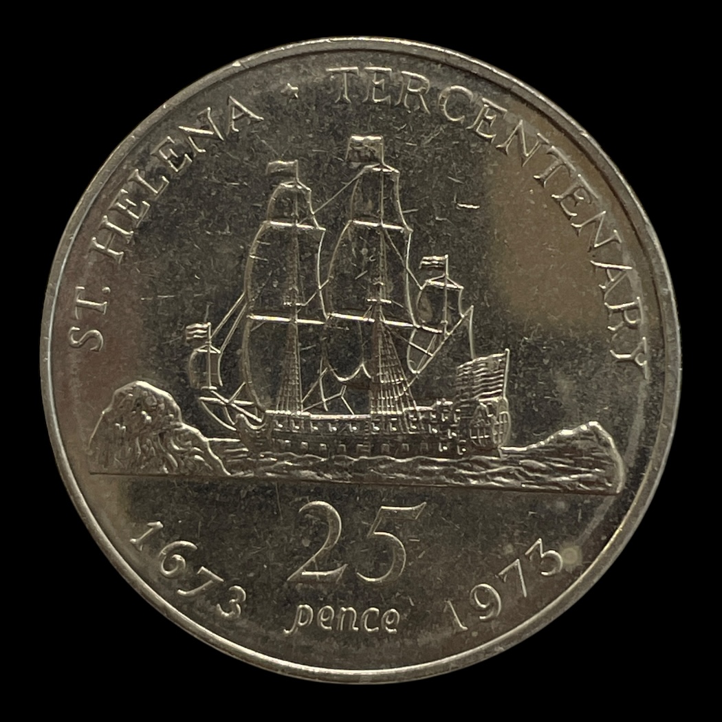 25 Pence 1973 St. Helena Ikke-cirkulerende mønter Sammensætning Kobber-nikkel Vægt 27,9 Gram