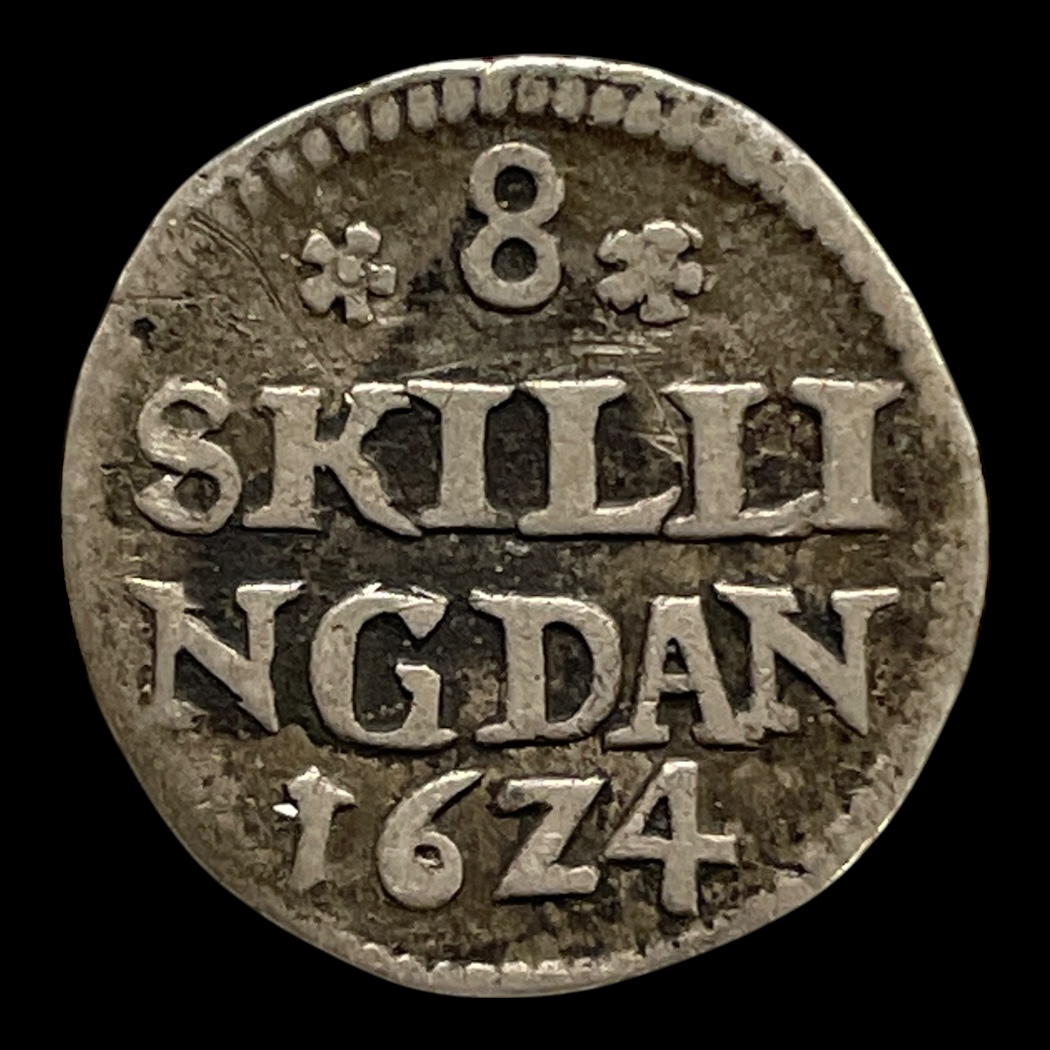 8 Skilling 1624 Chr. 4 Sieg: 59.2 Hede: 133 Sølv (.888)