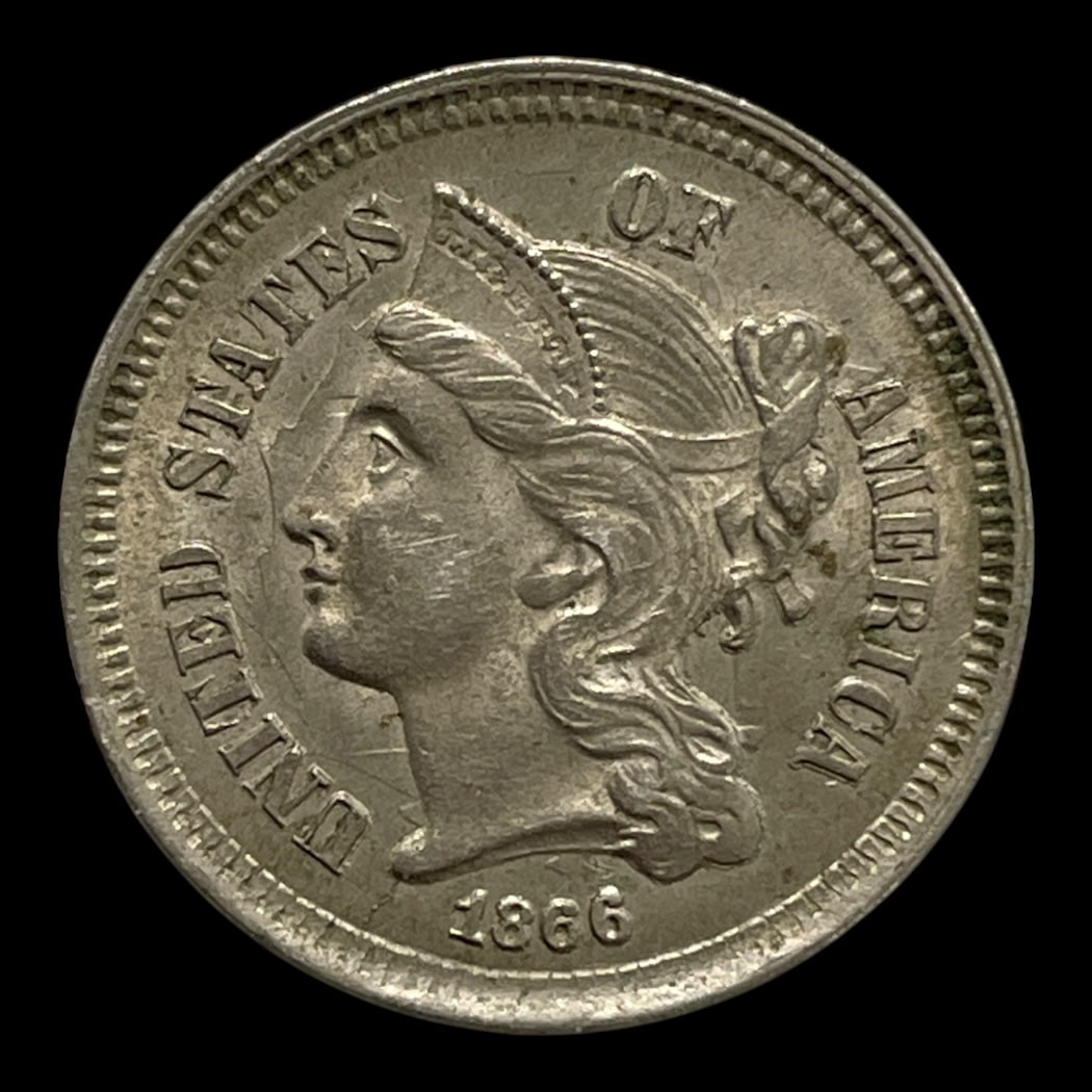 1866 " 3 Cent Nickel" USA Standard cirkulationsmønter Kobber-nikkel (0,750 kobber, 0,250 nikkel) Vægt 1,94 Gram