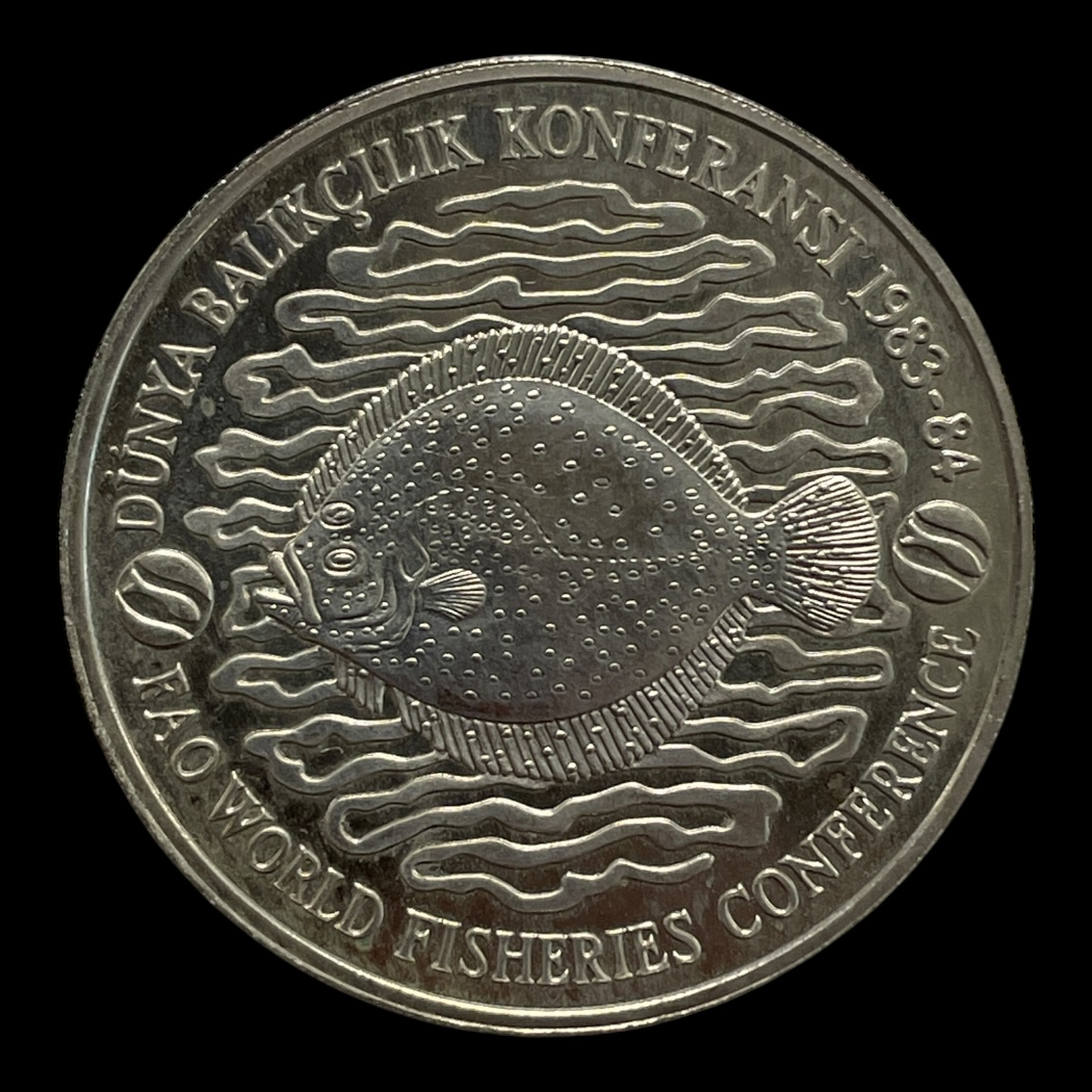 Tyrkiet 500 Lira FAO World Fisheries Conference British mint, medaljepræg 1984 Kobber-nikkel (75% Cu, 25% Ni) Vægt 28,28 Gram