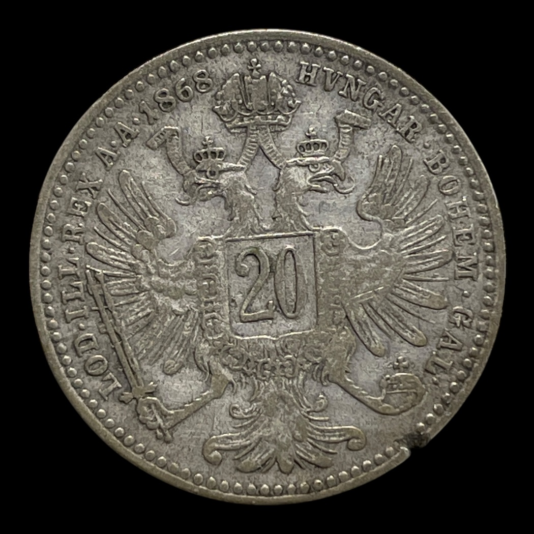 20 Kreuzer 1868 Østrig Standard cirkulationsmønter Sølv (.500) Vægt 2,7 g