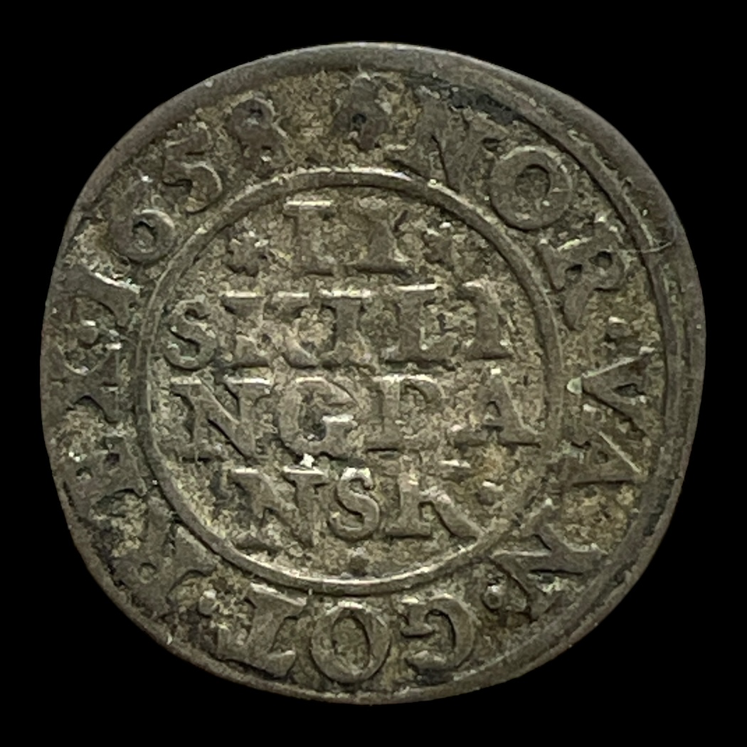 2 Skilling 1658 Sieg: 18.3 Hede: 132A Sølv (.281) Vægt: 1,218 Gram
