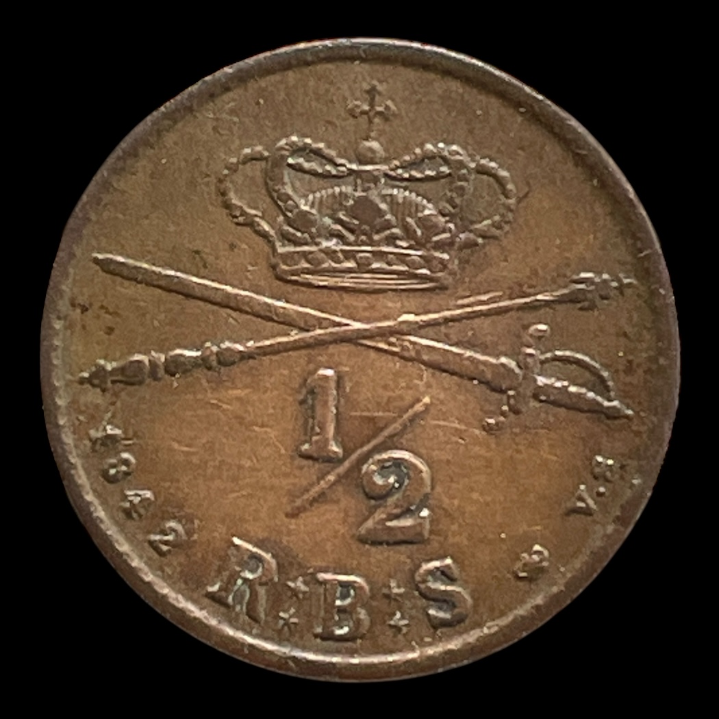 1/2 Rigsbankskilling 1842 vs Sieg 3 H 12 Fremstillet i kobber vægt 3,65 gram