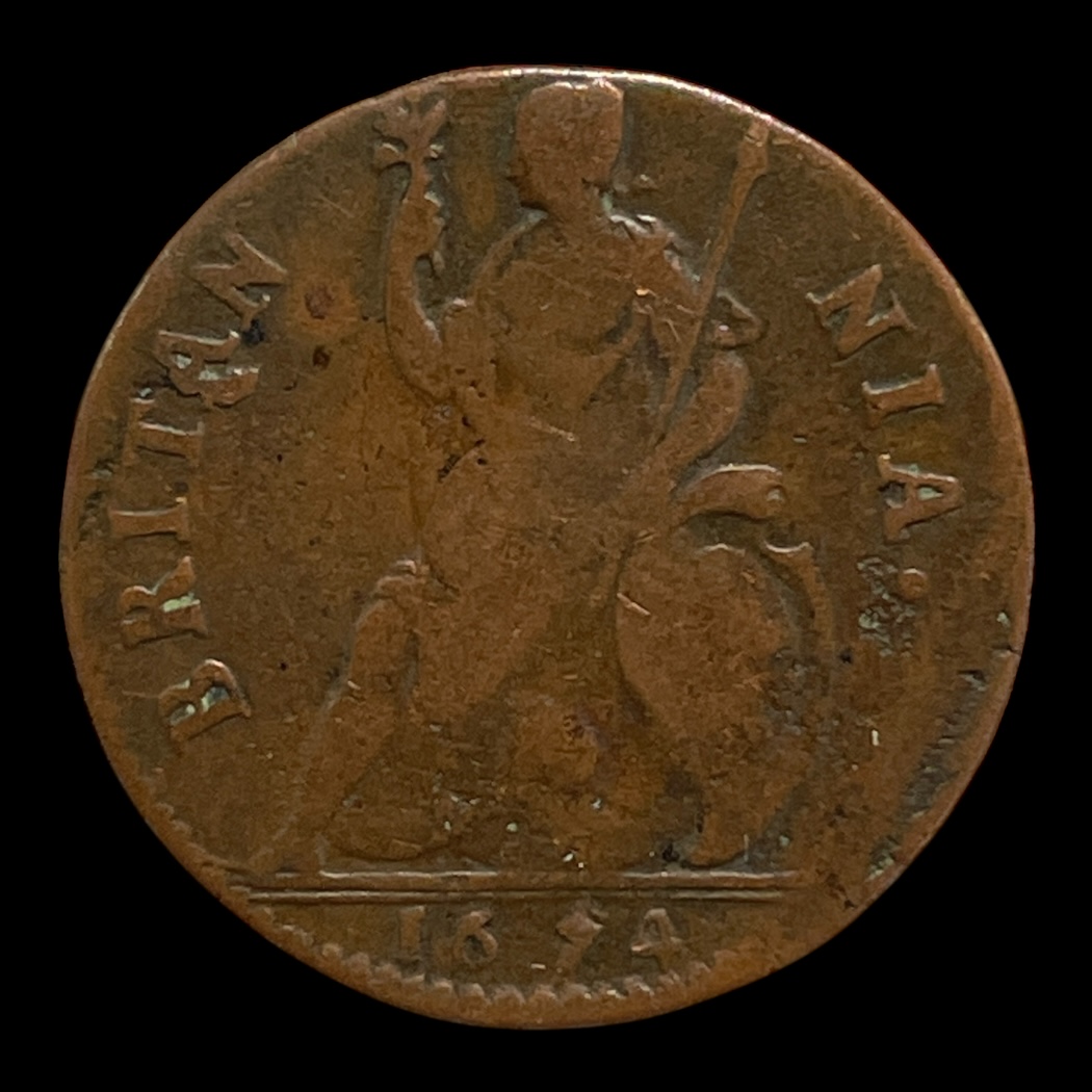 1 Farthing 1674 England Standard cirkulationsmønter Sammensætning Kobber Vægt 5,6 Gram