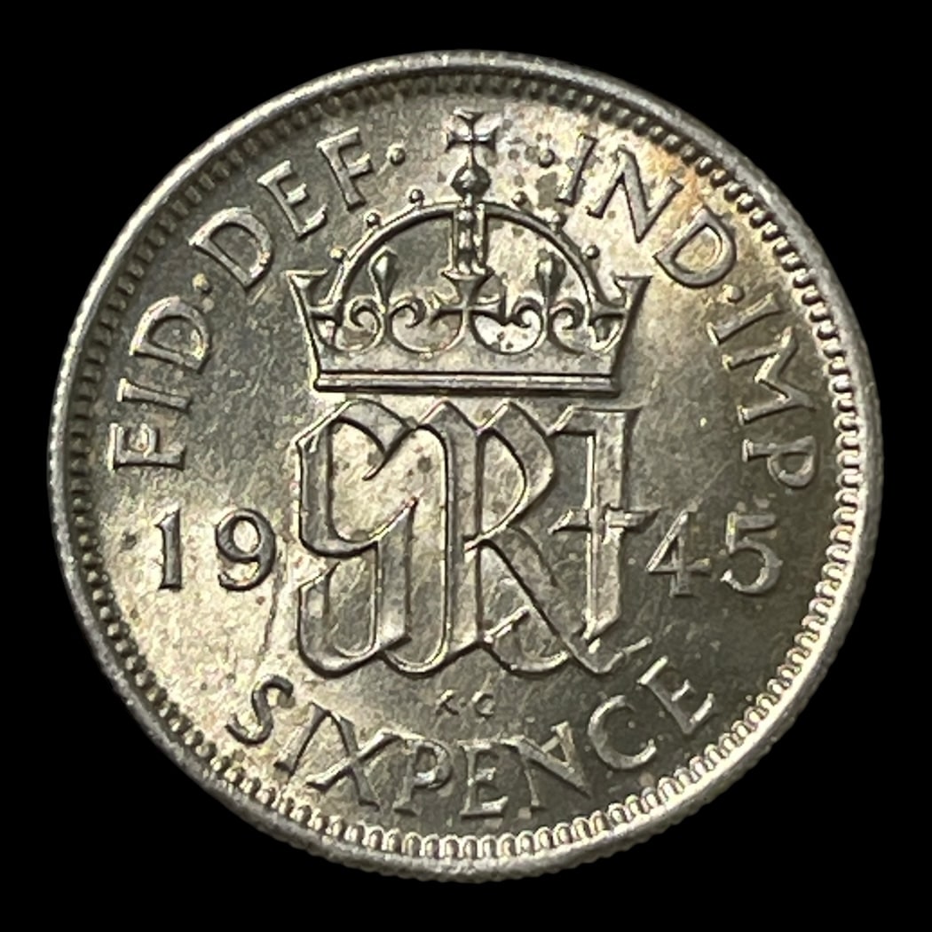 6 Pence 1945 England Standard cirkulationsmønter Sølv (.500) Vægt 2,83 Gram