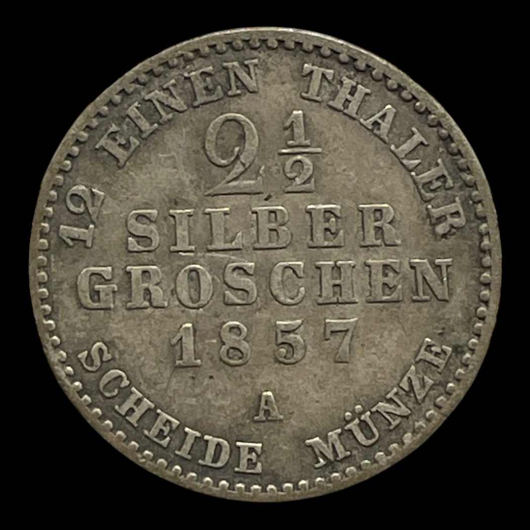 2 1/2 Silber Groschen 1857 Preussen Standard cirkulationsmønter Sølv (.375) Vægt 3.248 g