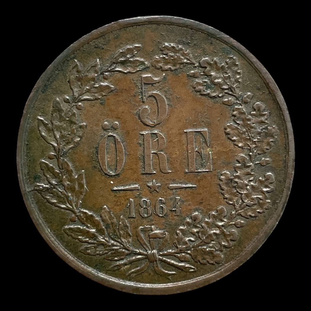 5 Øre 1864 Sverige Standard cirkulationsmønter Sammensætning Bronze Vægt 8,5 Gram