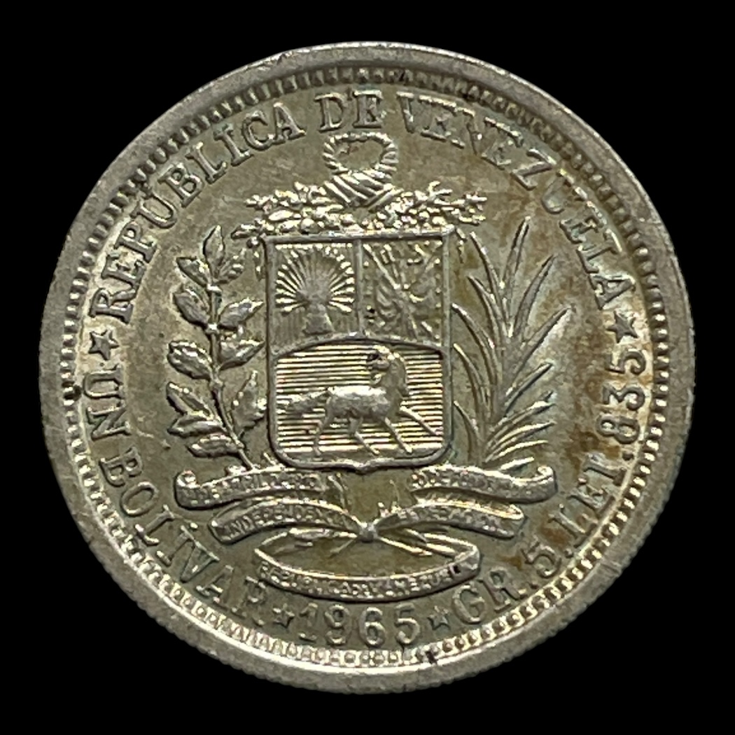 1 Bolivar 1965 Venezuela Standard cirkulationsmønter Sølv (.835) Vægt 5 Gram