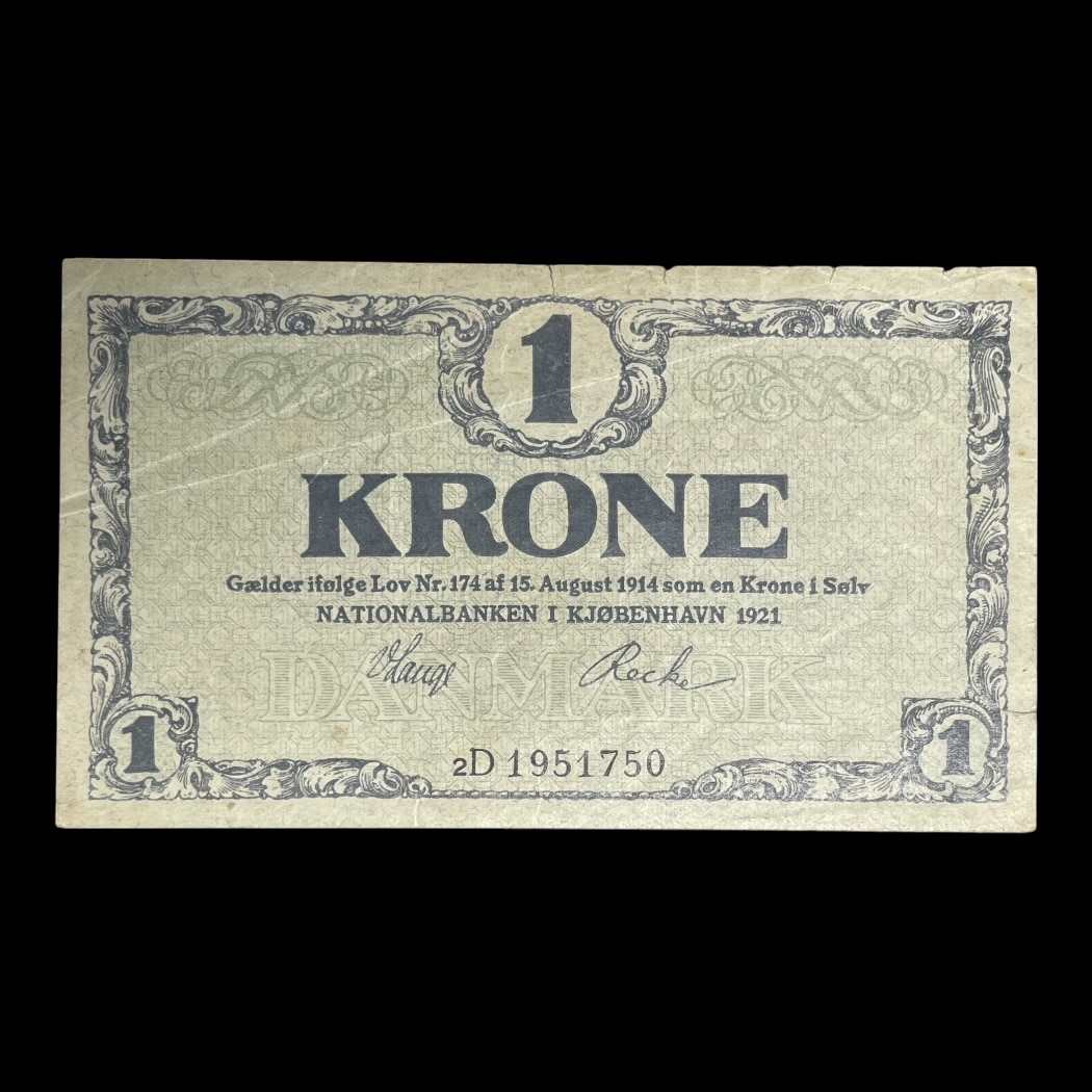 Danmark 1 Krone 1921 2D Type Standard seddel Sieg: 117 Pick: 12 Kv: 1+/1