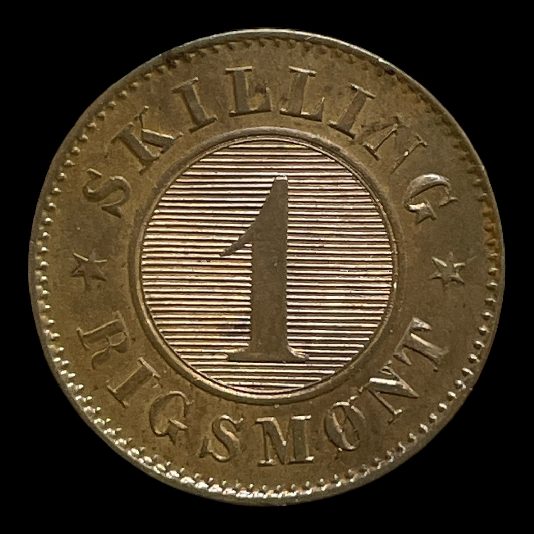 1 Sk. Rigsmønt 1871 Sieg: 2 Hede: 6 Fremstillet i Bronze Vægt: 1,949 Gram