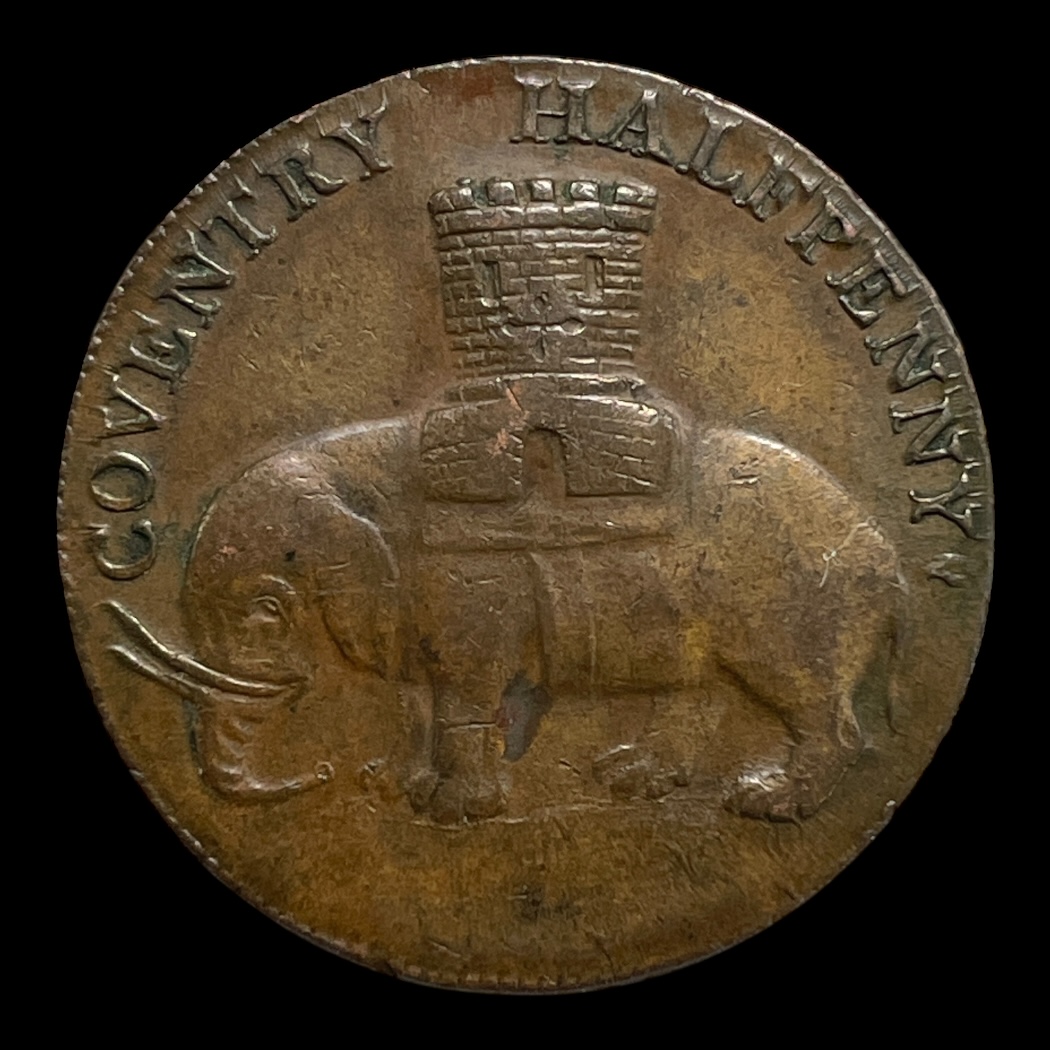 Coventry Halfpenny 1793 England Nødmønt, Merchant tokens Sammensætning Kobber Vægt 12,31 Gram Diameter 30,8 mm