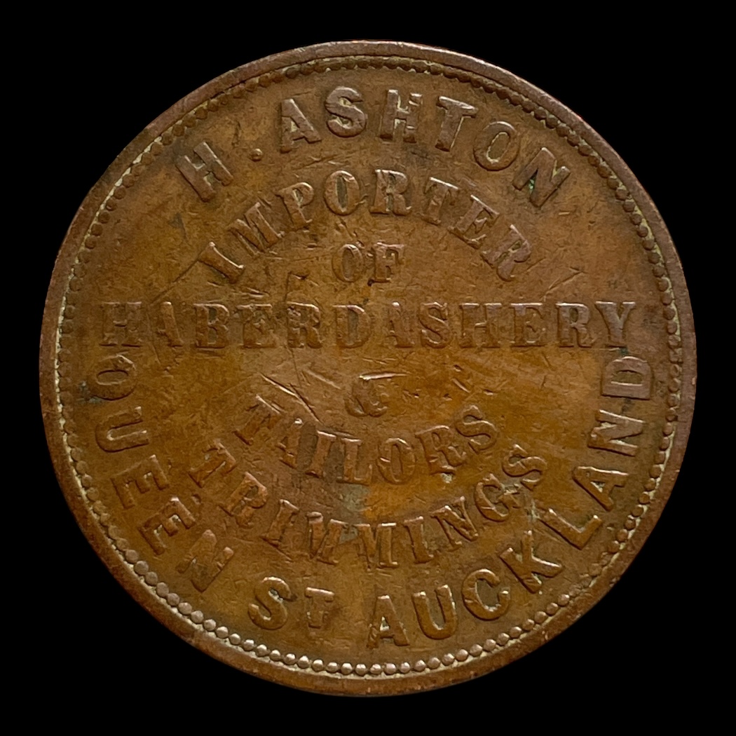 1 Penny H. Ashton 1863 New Zealand Nødmønt, Merchant tokens Sammensætning Kobber Vægt 13,5 Gram Diameter 34 mm