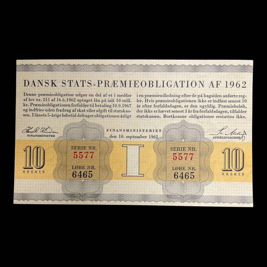 10 Dansk Premieobligation 1962 Modelfoto, Flere haves. vi garanterer ikke det viste serienummer.