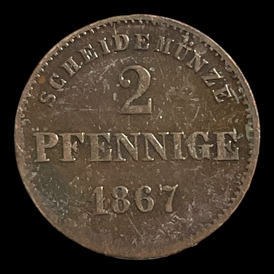 2 Pfennig 1867 Sachsen/Meinigen Standard cirkulationsmønter Sammensætning Kobber Vægt 2,39 Gram