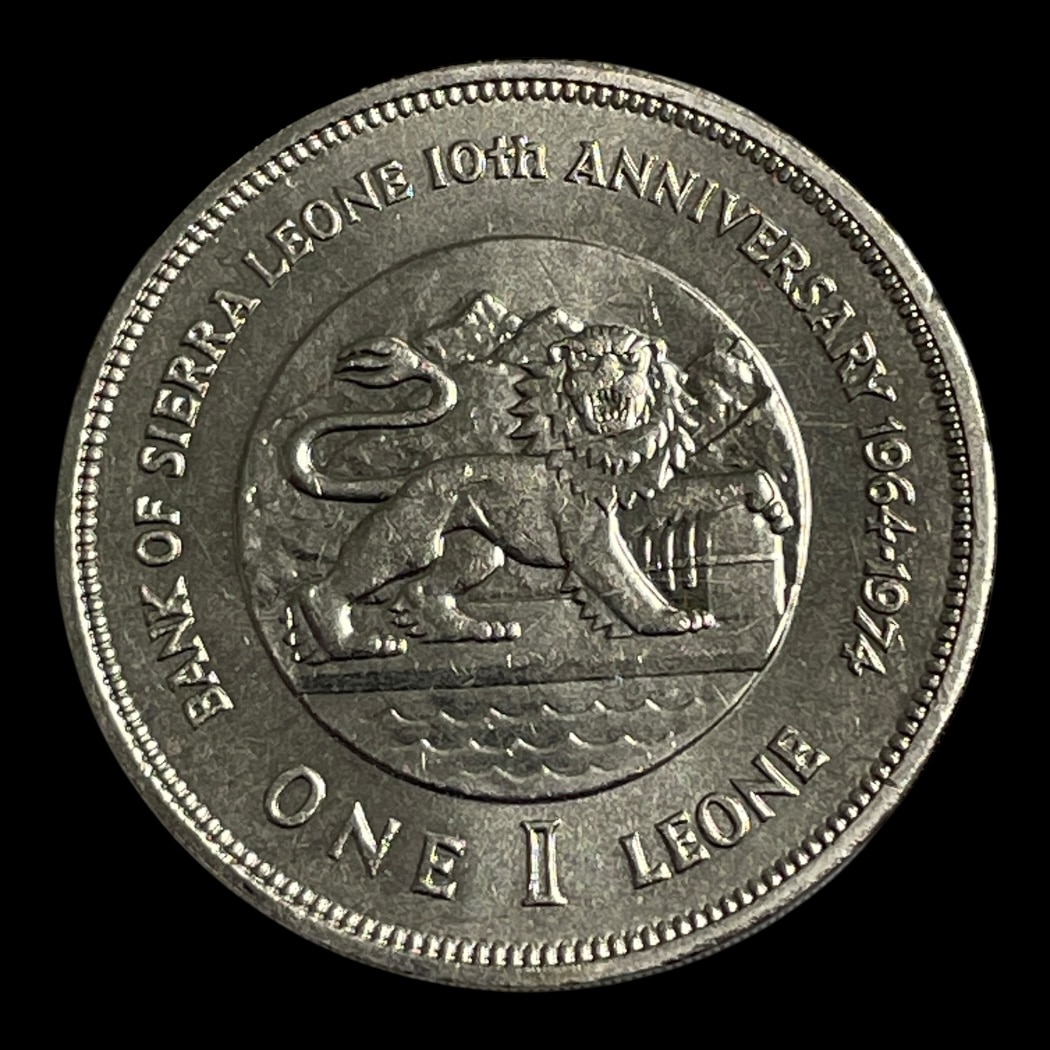 1 Leone 1974 Sierra Leone, 10 året for egen nationalbank Cirkulerende erindringsmønter Sammensætning kobber-nikkel Vægt 28,28 Gram