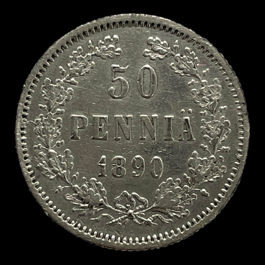 50 Pennia 1890 Finland Standard cirkulationsmønter Sølv (.750) Vægt 2,55 Gram