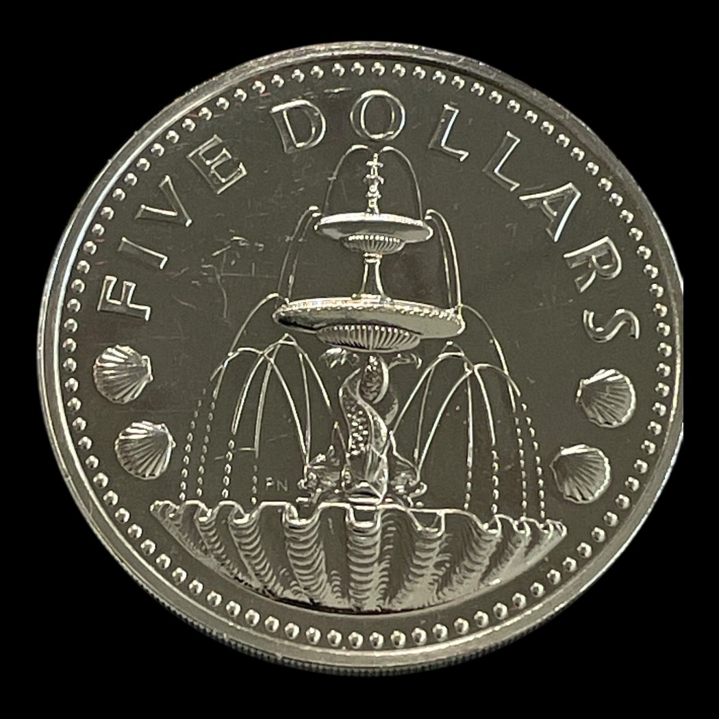 5 Dollars 1979 Barbados SU Ikke-cirkulerende mønter Sammensætning kobber-nikkel Vægt 28,34 Gram Opplag kun 523 Stk