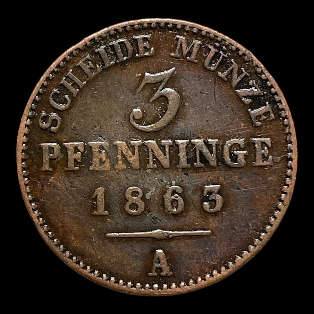 3 Pfennig 1863A Preussen Standardmønter i omløb Sammensætning Kobber Vægt 4,4 Gram