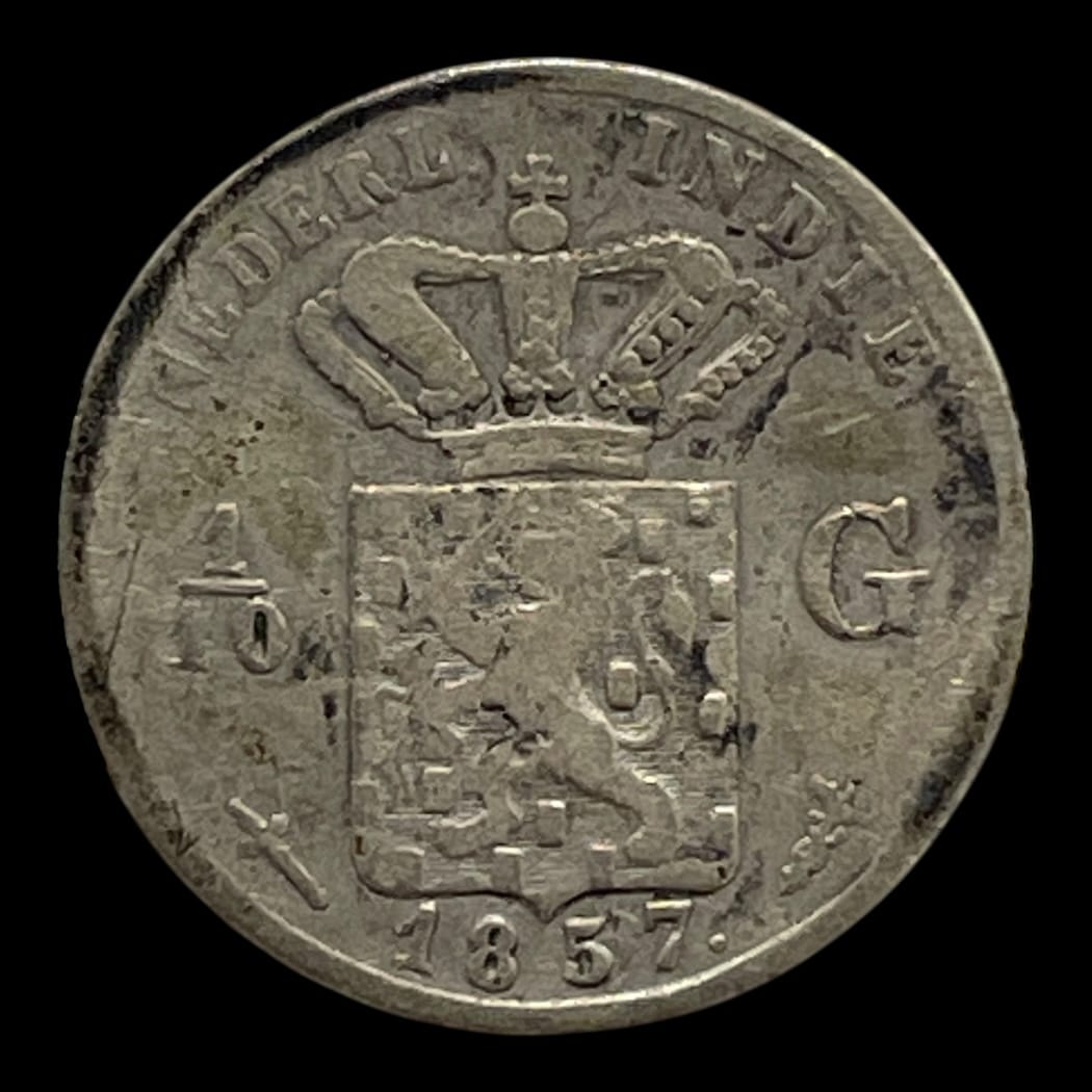 1/10 Gulden 1857 Hollandsk Indien Standardmønter i omløb Sammensætning Sølv (.720) Vægt 1,25 Gram