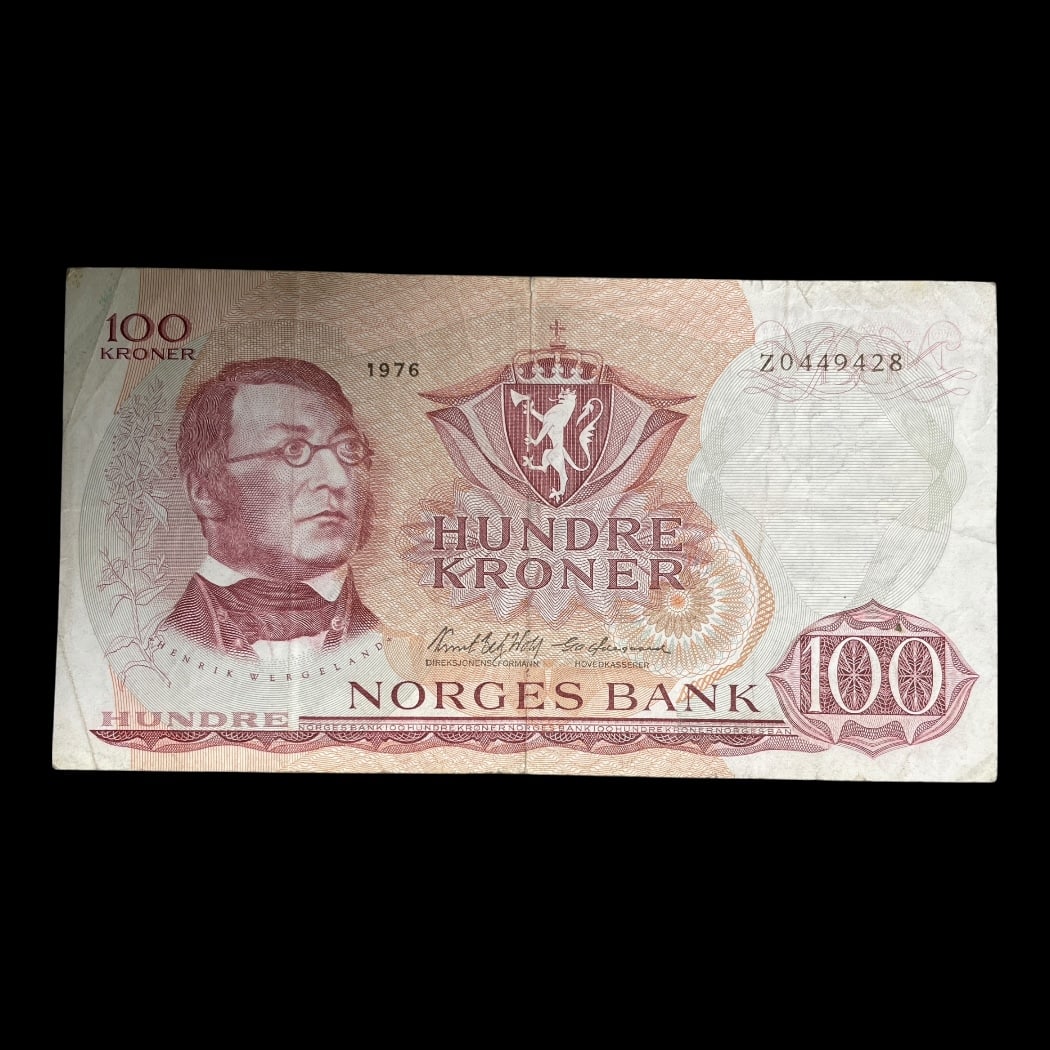 100 Kr. 1976 Norge Erstatning Standard pengesedler i omløb Størrelse 145 × 78 mm Pick: 38 er Kv: 1