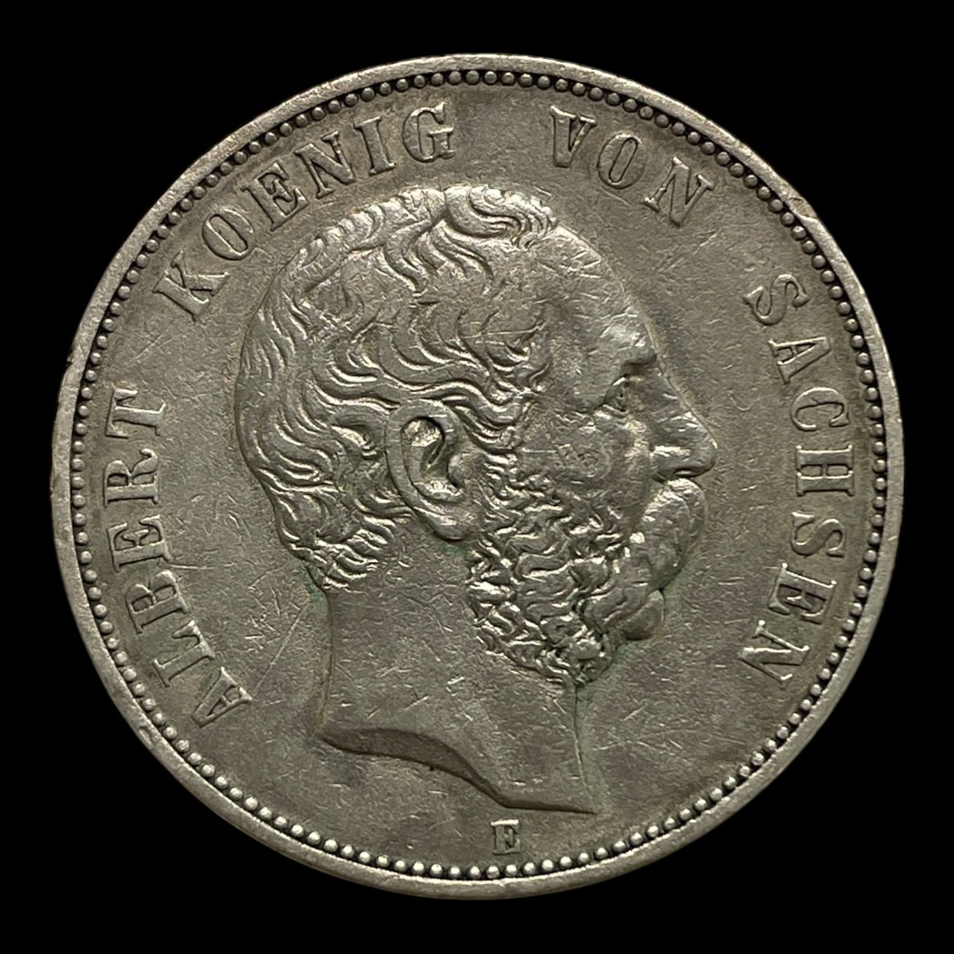 5 Mark 1876 Sachsen Standardmønter i omløb Sammensætning Sølv (.900) Vægt 27.777 Gram